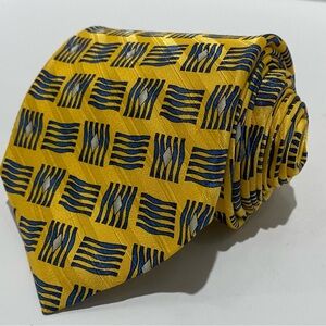 VTG H. Stockton XMI 100% imported Silk Tie Gold Blue Geometric Handmade in USA